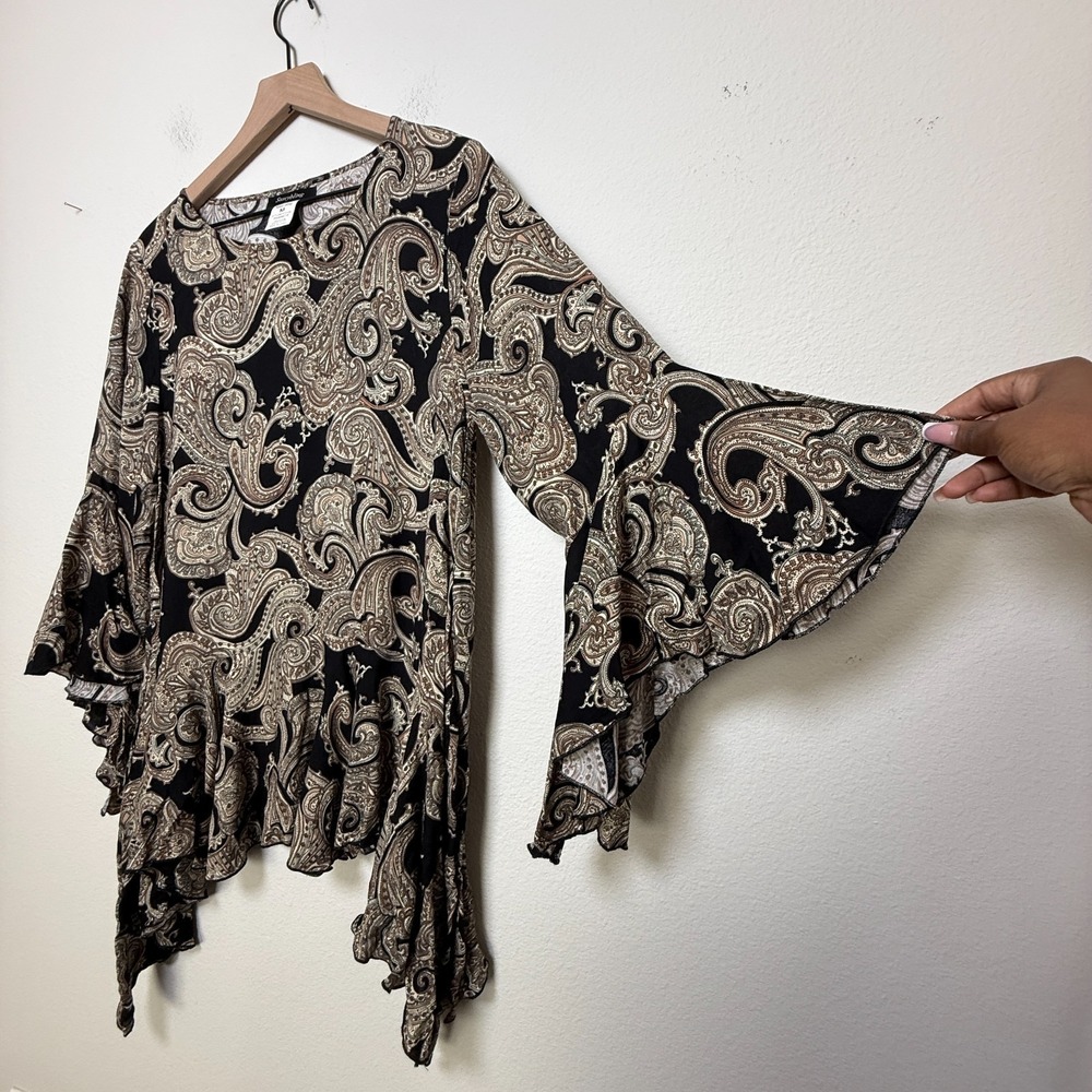 VTG 90s Fairy Grunge Top Medium Black Brown Paisley Bell Sleeve Asymmetrical